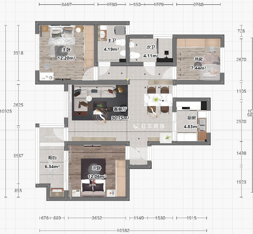 魏明花｜山水云房37-1502-123㎡-現代簡約風格｜3室2廳2衛｜毛坯房裝修｜定制家｜全包12萬｜00_03俯視圖