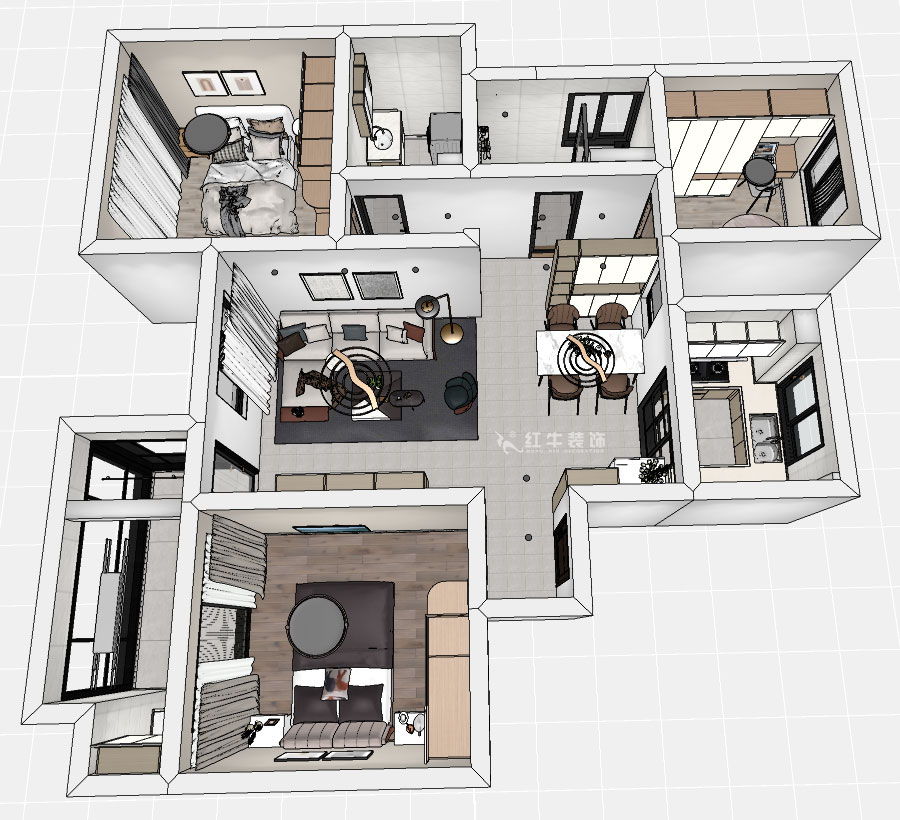 魏明花｜山水云房37-1502-123㎡-現代簡約風格｜3室2廳2衛｜毛坯房裝修｜定制家｜全包12萬｜00_04鳥瞰圖