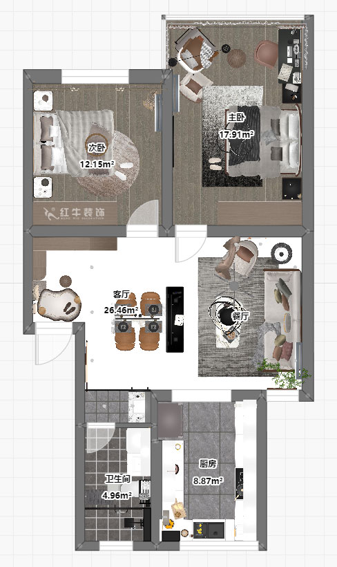 吳波｜康居新寓6-602-90㎡-現代風格｜2室2廳2衛｜舊房裝修｜定制家｜全包12萬｜00_03平面彩圖
