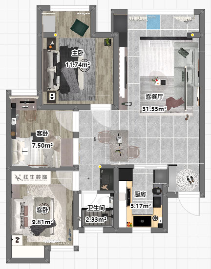 孟憲濤｜旭日愛上城星島園5-203-90㎡-簡約風格｜3室1廳1衛｜老房裝修｜定制家｜全包14萬｜00_03平面彩圖