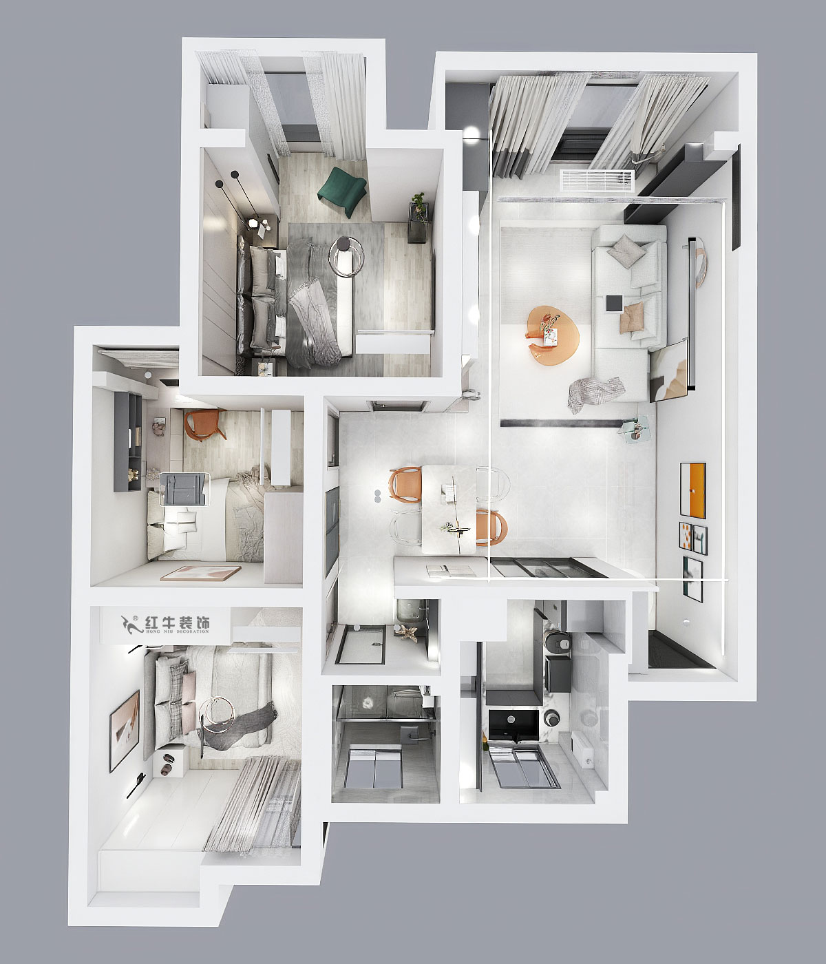 孟憲濤｜旭日愛上城星島園5-203-90㎡-簡約風格｜3室1廳1衛｜老房裝修｜定制家｜全包14萬｜00_04鳥瞰圖