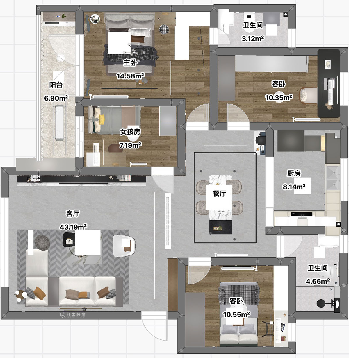 魏利利｜西苑公寓7-301-98㎡-現代簡約風格｜4室2廳2衛｜老房改造｜定制家｜全包15萬｜00_03平面彩圖