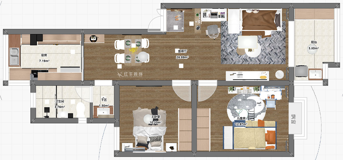 朱彥｜廣廈嘉苑8-1-202-85㎡-簡約風格｜2室2廳1衛｜老房裝修｜定制家｜全包12萬｜00_03平面彩圖