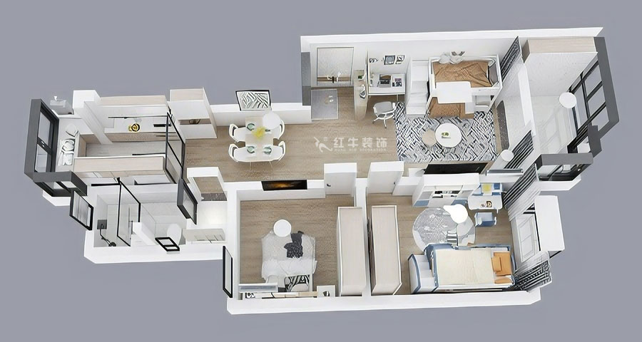 朱彥｜廣廈嘉苑8-1-202-85㎡-簡約風格｜2室2廳1衛｜老房裝修｜定制家｜全包12萬｜00_04鳥瞰圖半墻