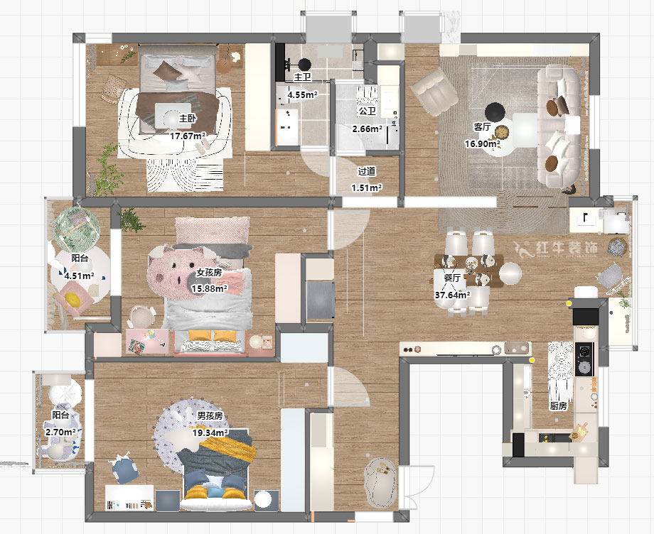 朱彥｜仁恒翠竹園26-204-130㎡-簡約風格｜3室2廳2衛｜老房裝修｜定制家｜全包20萬｜00_03平面彩圖