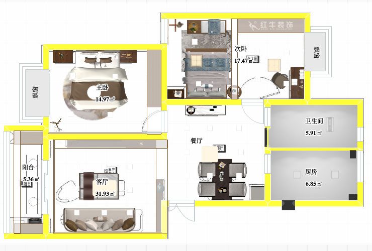 張智猿｜裕順雅苑12-502-96㎡-中式風格｜2室1廳1衛｜老房裝修｜定制家｜全包9萬｜00_04平面彩圖