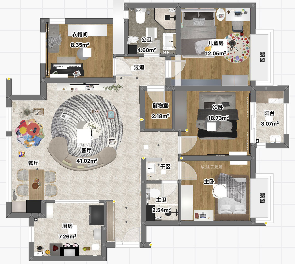 魏利利｜萬達茂御湖世家二期7-1905-131㎡-現代簡約風格｜4室2廳2衛｜毛坯房裝修｜定制家｜全包17萬｜00_03平面彩圖