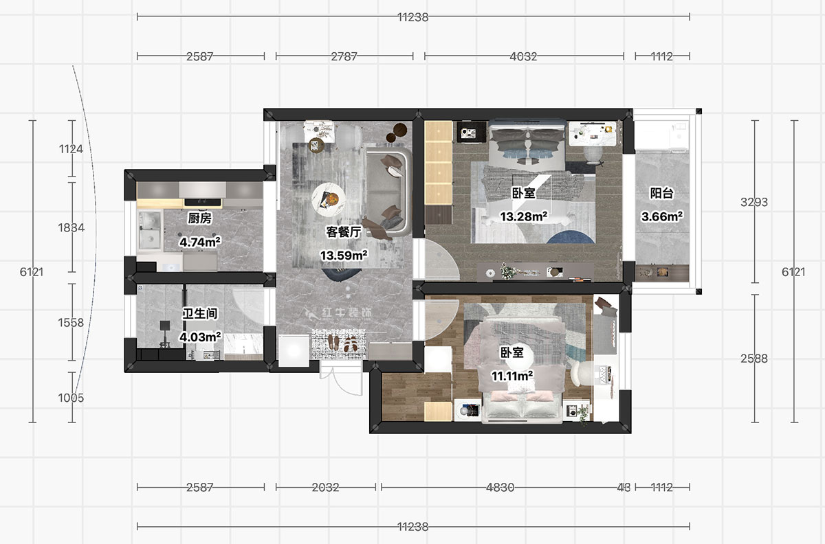 顧娟｜白馬山莊3-2-602-65㎡-現代風格｜2室1廳1衛｜舊房裝修｜定制家｜全包11