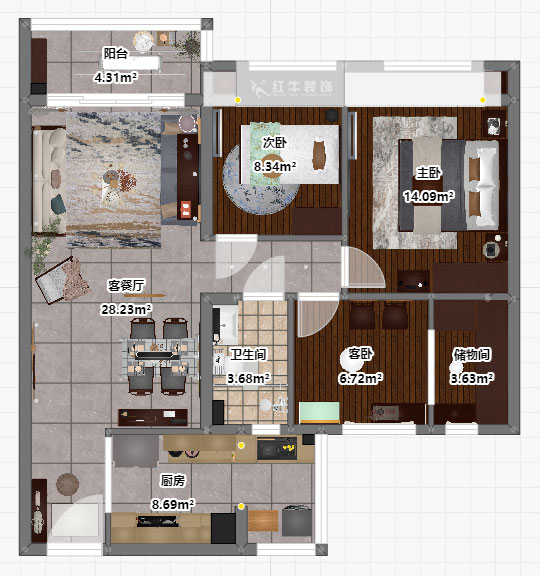 孟憲濤｜句容碧桂園星悅灣20-2-604-105㎡-簡中風格｜3室1廳1衛｜新房裝修｜定制家｜全包14萬｜00_03平面彩圖