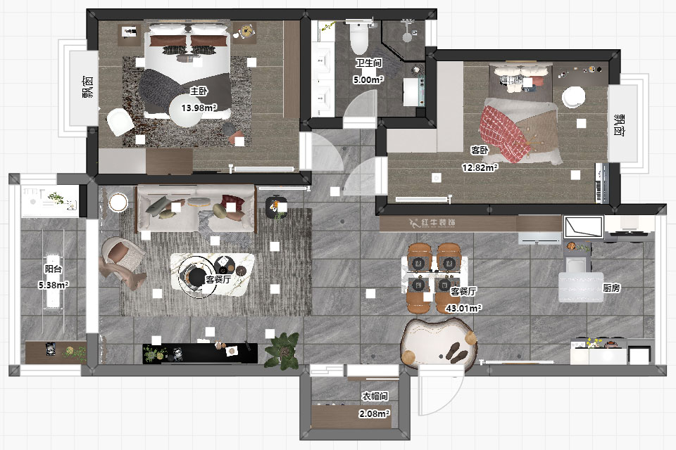 吳波｜金虹花園6-304-85㎡-現代風格｜2室2廳1衛｜舊房裝修｜定制家｜全包12萬｜00_03平面彩圖