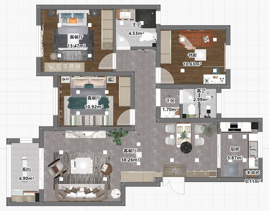 魏明花｜林景熙園4-302-117㎡-現代簡約風格｜3室2廳2衛｜毛坯房裝修｜定制家｜全包16