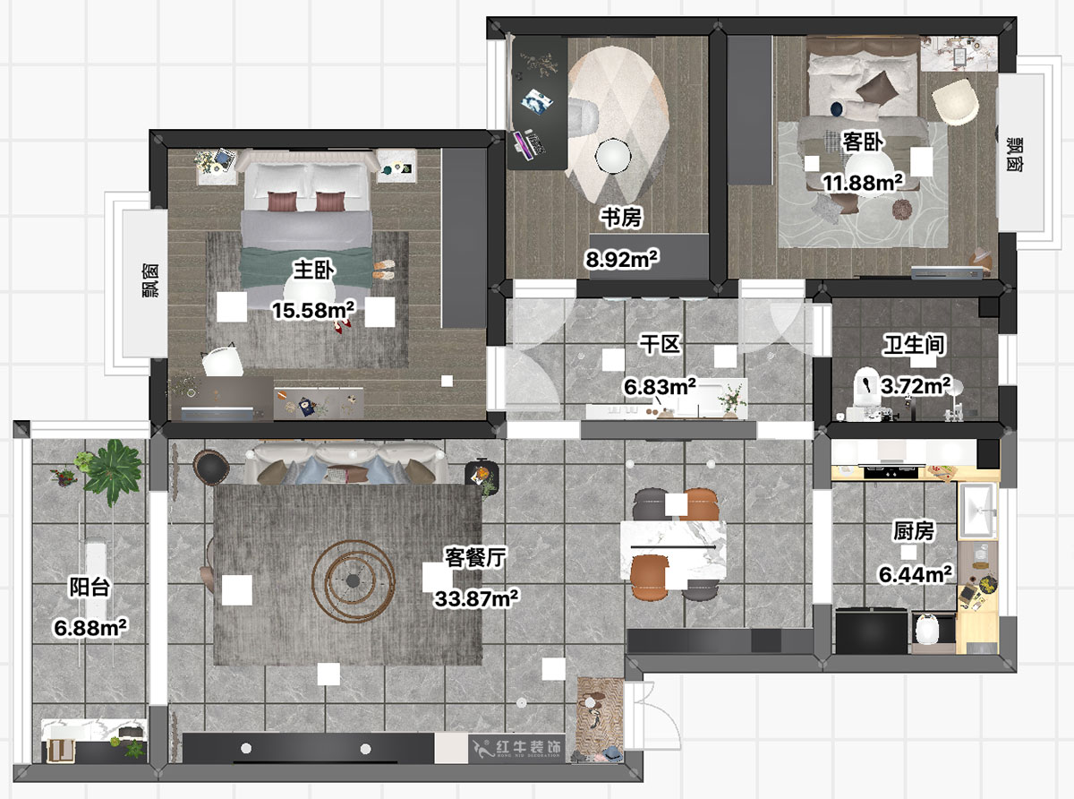 吳波｜水岸康城43-102-110㎡-現代風格｜3室2廳1衛｜舊房裝修｜定制家｜全包13萬｜00_03平面彩圖