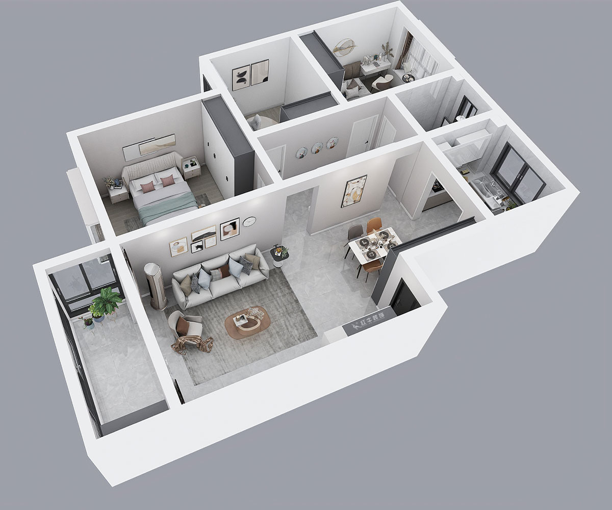 吳波｜水岸康城43-102-110㎡-現代風格｜3室2廳1衛｜舊房裝修｜定制家｜全包13萬｜00_04鳥瞰圖