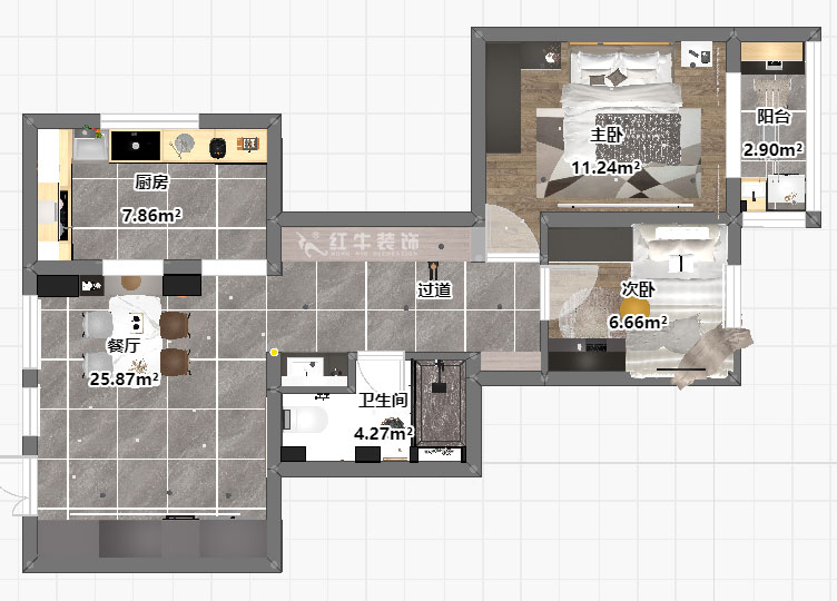 蔣?。A保新寓7-912-85㎡-簡(jiǎn)約風(fēng)格｜2室1廳1衛(wèi)｜老房裝修｜定制家｜全包12萬(wàn)｜00_03平面彩圖