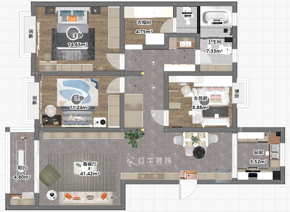 魏明花｜鴻意星城19-302-130㎡-現代簡約風格｜3室2廳2衛｜二手房裝修｜定制家｜全包17
