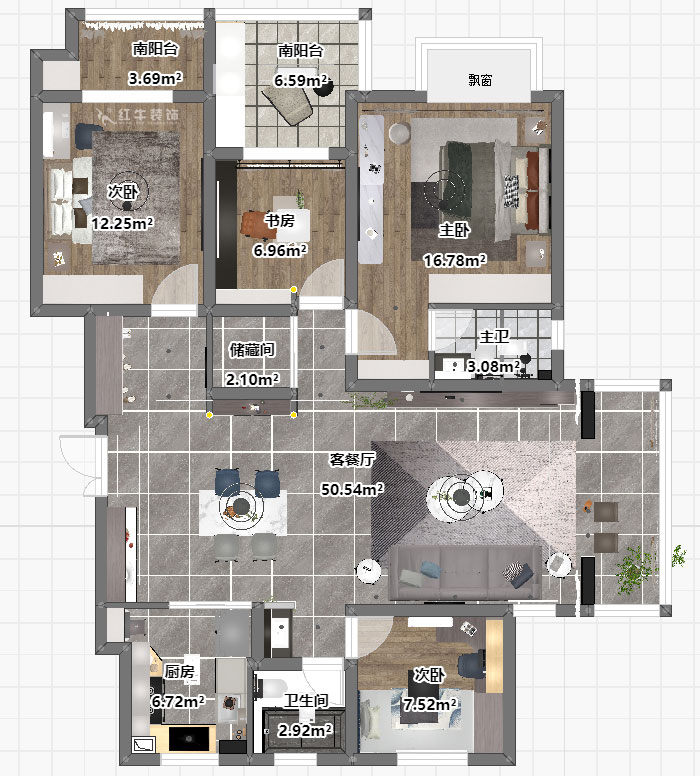 蔣琛｜鴻運嘉園18-2-304-140㎡-現代簡約風格｜4室2廳2衛｜新房裝修｜定制家｜全包22萬｜00_03平面彩圖
