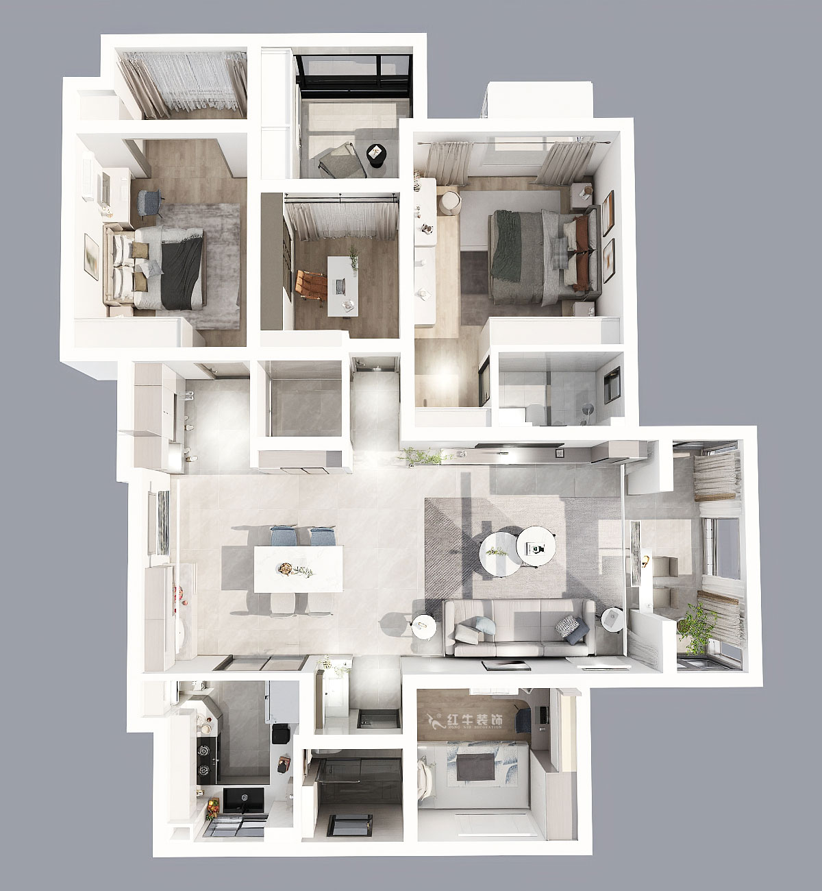蔣琛｜鴻運嘉園18-2-304-140㎡-現代簡約風格｜4室2廳2衛｜新房裝修｜定制家｜全包22萬｜00_04鳥瞰圖