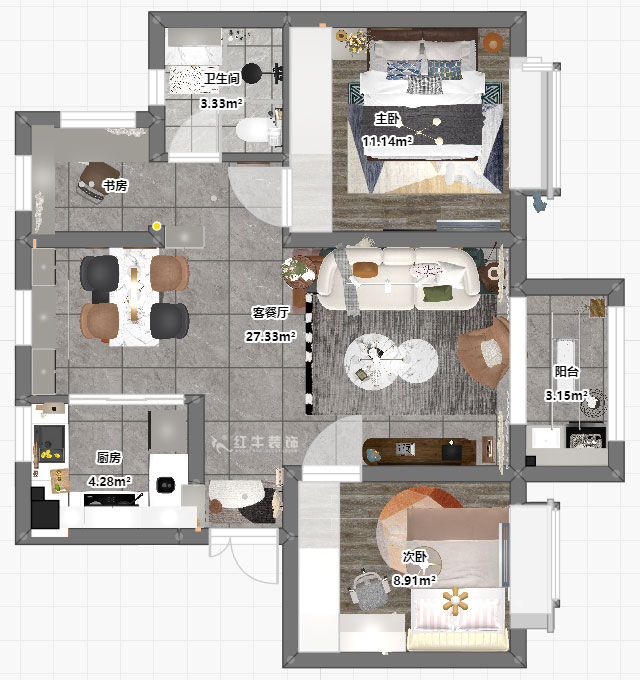 孟憲濤｜云祿花園12-801-80㎡-現代簡約風格｜3室1廳1衛｜新房裝修｜定制家｜全包12萬｜00_03平面彩圖