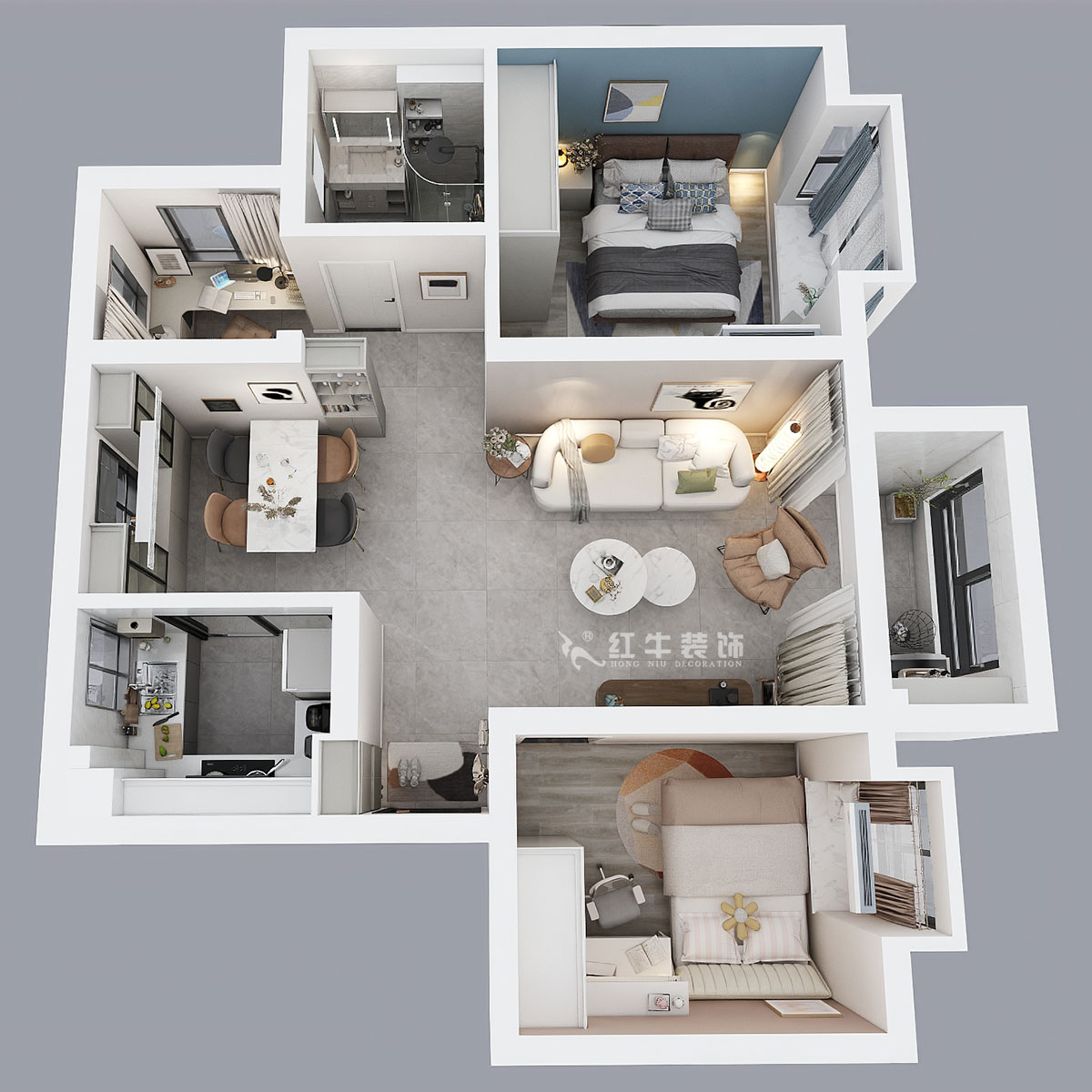 孟憲濤｜云祿花園12-801-80㎡-現代簡約風格｜3室1廳1衛｜新房裝修｜定制家｜全包12萬｜00_04鳥瞰圖