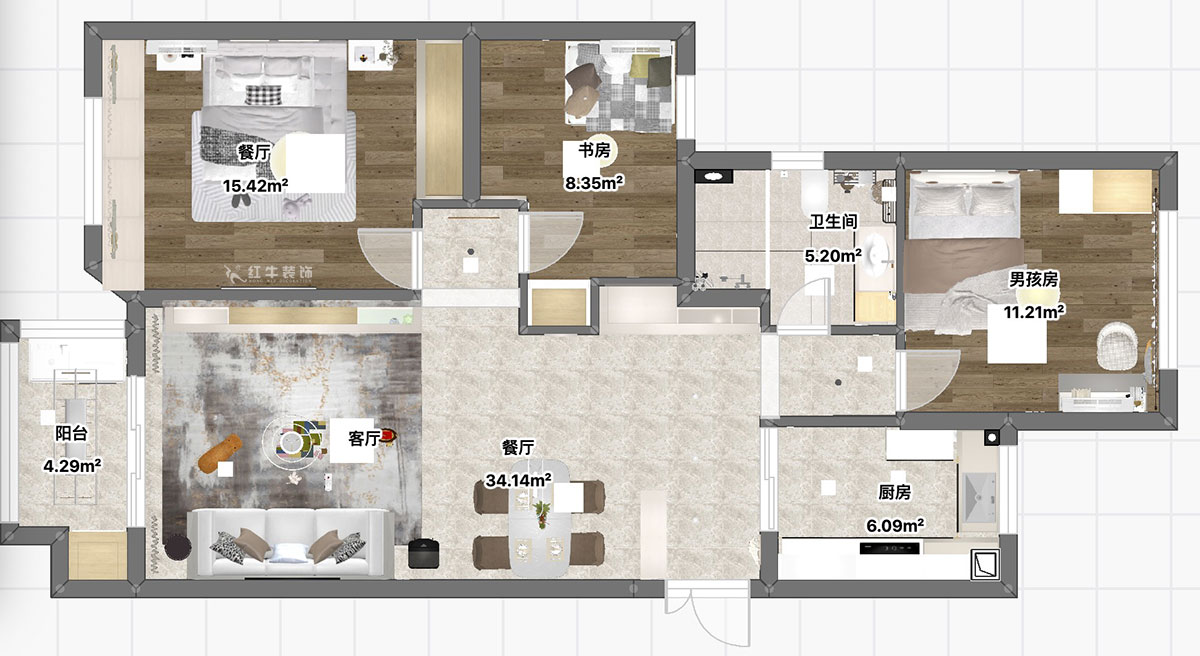 魏利利｜楓情水岸23-506-110㎡-現代簡約風格｜3室2廳1衛｜二手房改造｜定制家｜全包14萬｜00_04平面彩圖