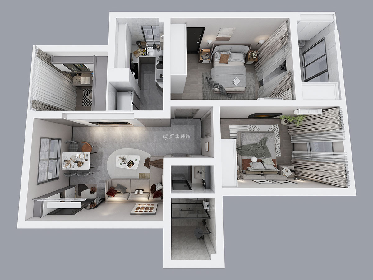 孟憲濤｜花崗幸福城玉蘭園10-201-90㎡-現(xiàn)代簡約風(fēng)格｜3室1廳1衛(wèi)｜老房裝修｜定制家｜全包13萬｜00_04鳥瞰圖