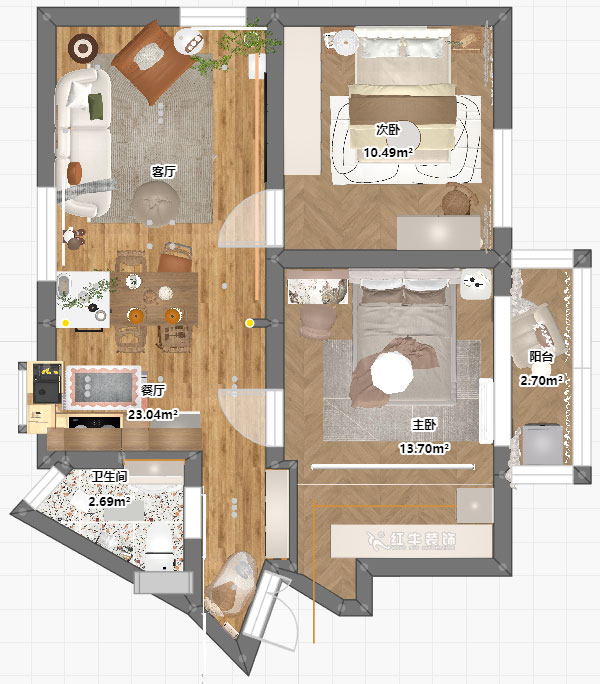 朱明琪｜瑞金新村23-504-1902-69㎡-現代簡約風格｜2室1廳1衛｜老房翻新｜定制家｜全包12萬｜00_04平面彩圖