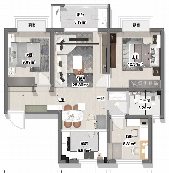 張智猿｜白馬瀾山2-702-89㎡-現代風格｜3室1廳1衛｜新房裝修｜定制家｜全包12萬｜00_04平面彩圖