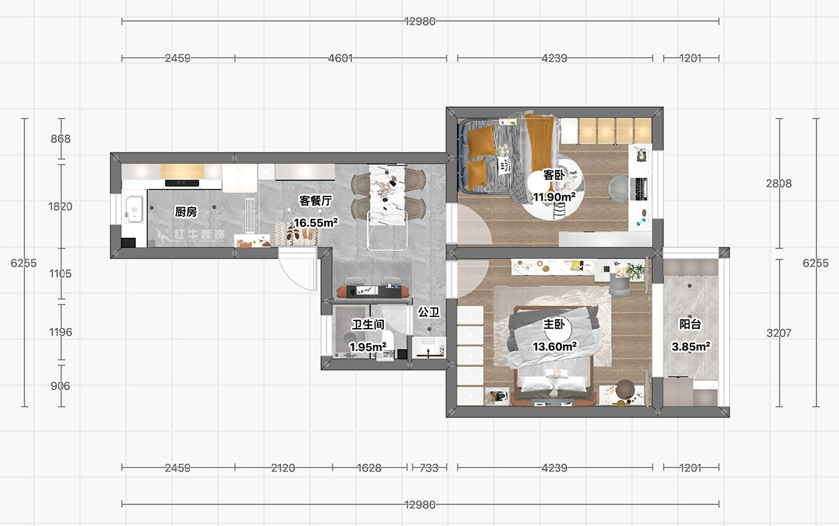 顧娟｜清涼山莊50號6-501-60㎡-現代風格｜2室2廳1衛｜舊房裝修｜定制家｜全包11