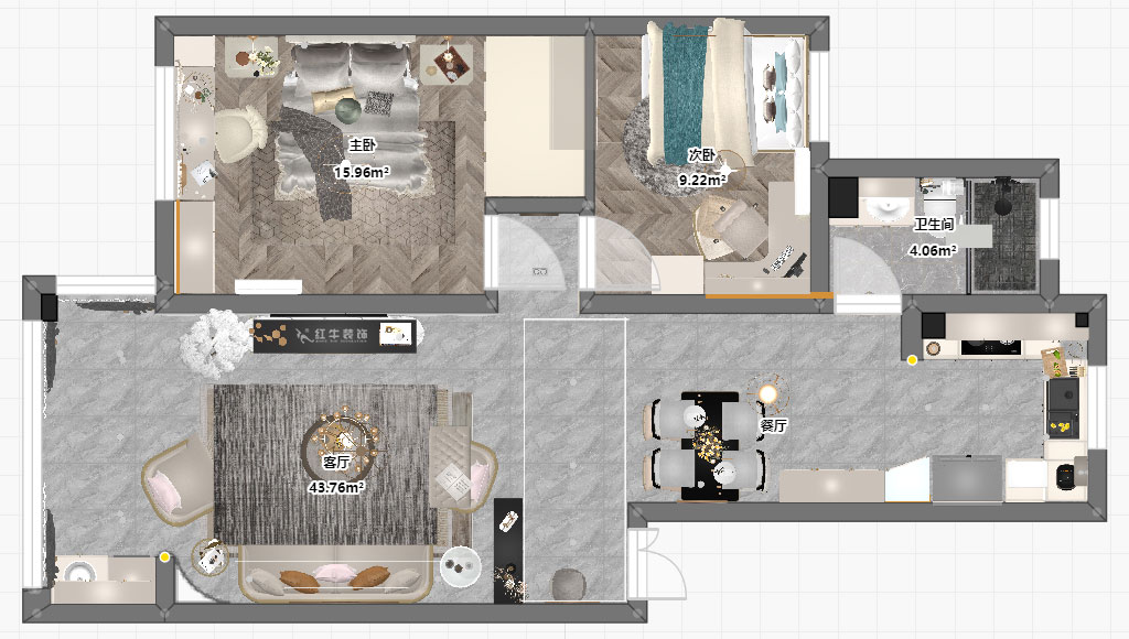 朱彥｜御水灣花園17-1-302-90㎡-簡美風格｜2室2廳1衛｜老房裝修｜定制家｜全包12萬｜00_03平面彩圖