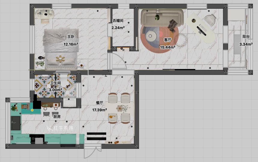 張智猿｜石鼓路39號2-201-60㎡-法式奶油風｜2室2廳1衛｜老房裝修｜定制家｜全包13萬｜00_04平面彩圖