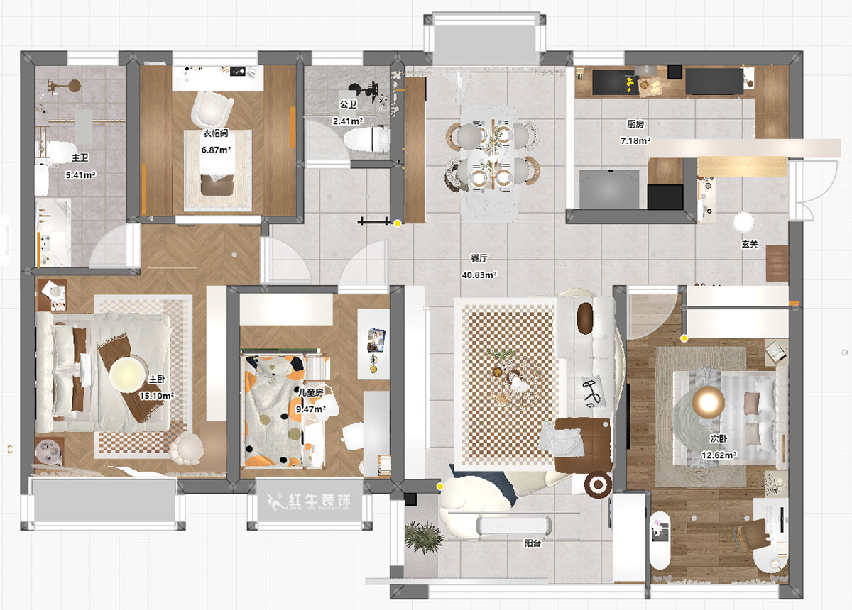 魏明花｜睿創新筑3期C2-2204-132㎡-現代簡約風格｜4室2廳2衛｜毛坯房裝修｜定制家｜全包23萬｜00_03平面彩圖