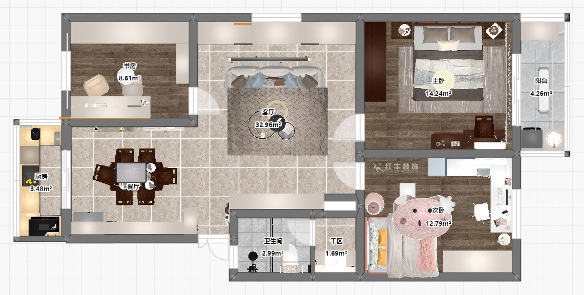 孟憲濤｜牡丹里17-601-108㎡-現代簡約風格｜3室2廳2衛｜老房裝修｜定制家｜全包14萬｜00_03平面彩圖