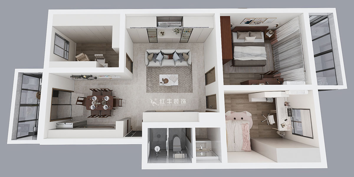 孟憲濤｜牡丹里17-601-108㎡-現代簡約風格｜3室2廳2衛｜老房裝修｜定制家｜全包14萬｜00_04鳥瞰圖