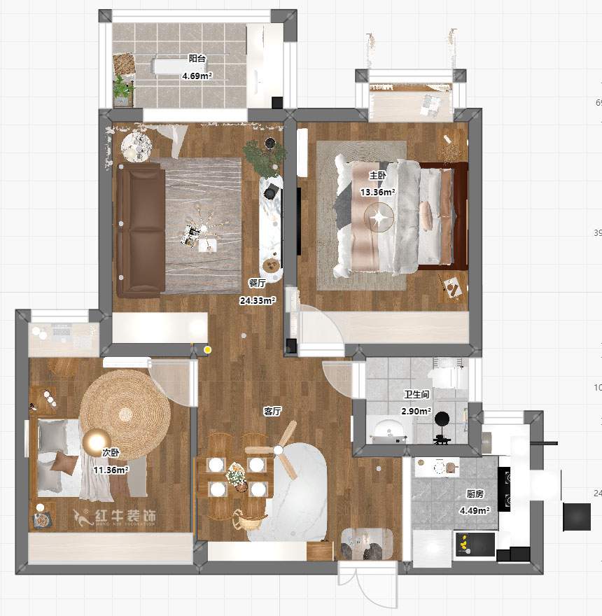 魏明花｜御道嘉庭7-3-1006-80㎡-現代簡約風格｜2室2廳1衛｜毛坯房裝修｜定制家｜全包11萬｜00_03平面彩圖