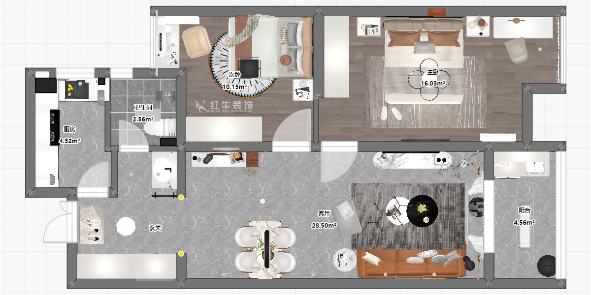 孟憲濤｜紫楊佳園2-505-85㎡-現代簡約風格｜2室2廳1衛｜老房裝修｜定制家｜全包12萬｜00_03平面彩圖