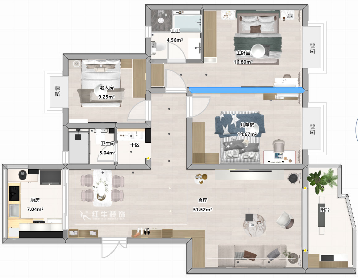 陸利民｜楓丹白露城市花園32-301-126㎡-現代簡約風格｜3室2廳2衛｜舊房裝修｜半包9萬｜00_03平面彩圖