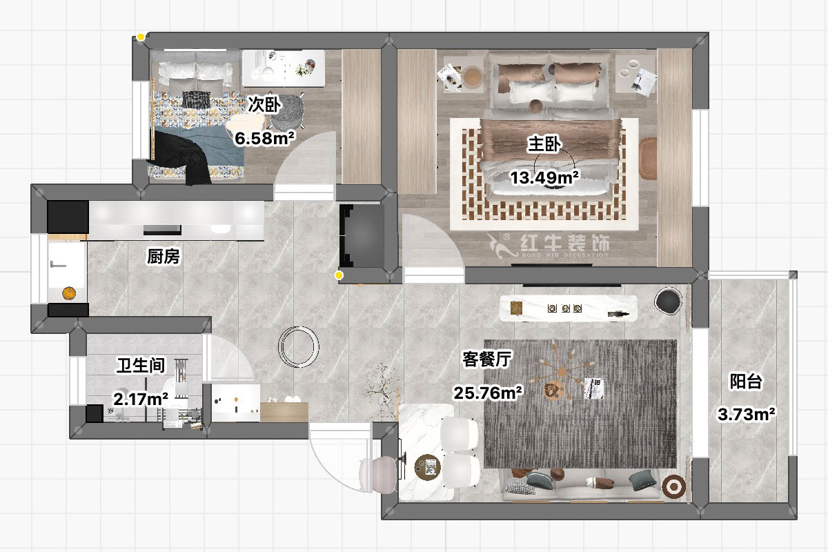朱彥｜養回紅村5號小區5-1-101-65㎡-現代簡約風格｜3室1廳1衛｜老房裝修｜定制家｜全包11萬｜00_03平面彩圖