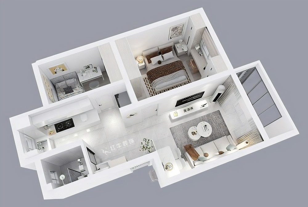 朱彥｜養回紅村5號小區5-1-101-65㎡-現代簡約風格｜3室1廳1衛｜老房裝修｜定制家｜全包11萬｜00_04鳥瞰圖