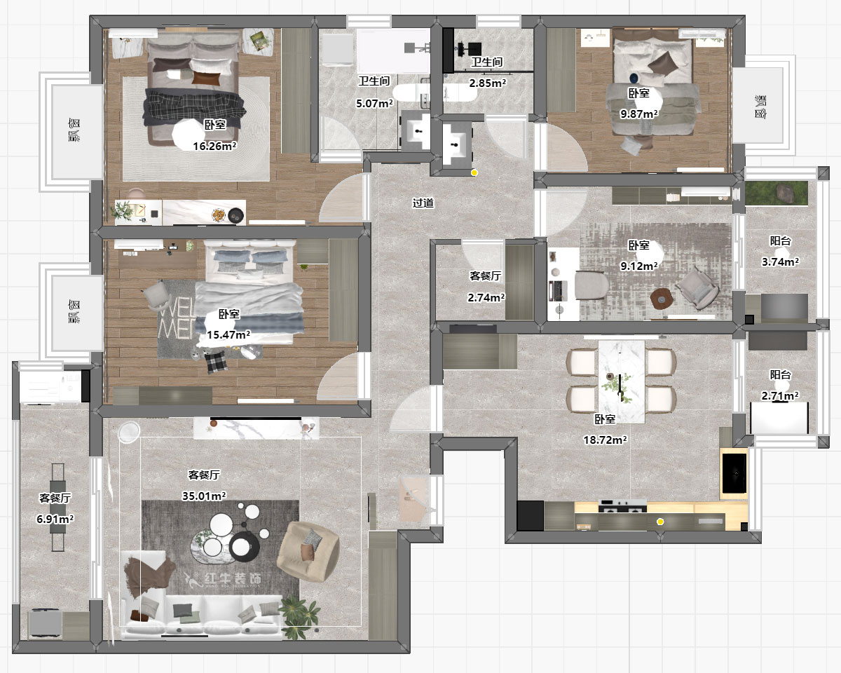 陸利民｜楓丹白露7-3-702-160㎡-現代簡約風格｜4室2廳2衛｜舊房裝修｜定制家｜全包23萬｜00_03平面彩圖