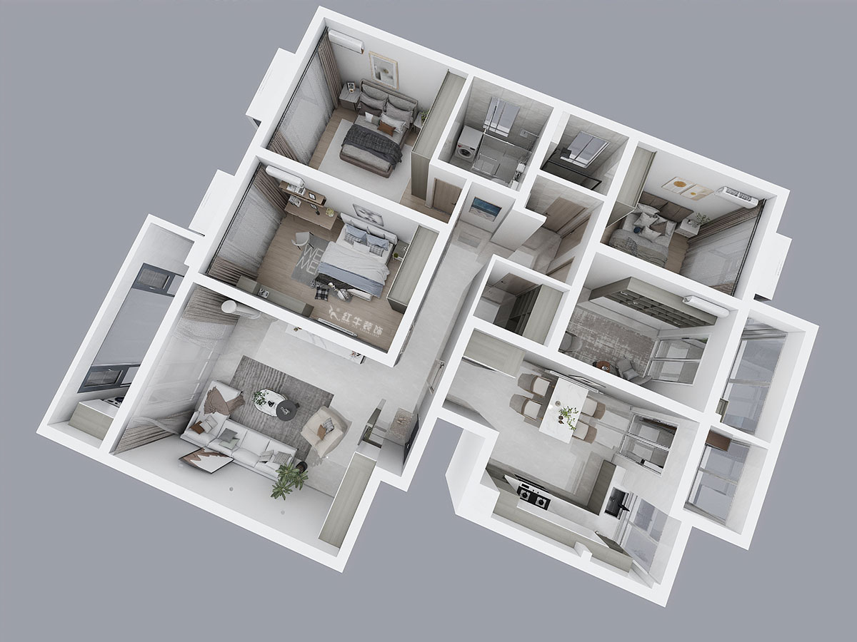 陸利民｜楓丹白露7-3-702-160㎡-現代簡約風格｜4室2廳2衛｜舊房裝修｜定制家｜全包23萬｜00_04鳥瞰圖