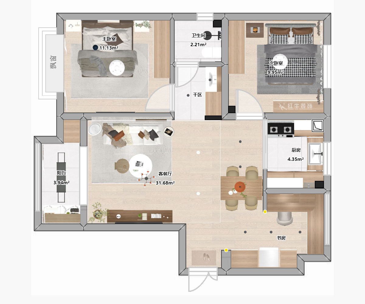 陸利民｜文墨花苑10-909-87㎡-現代風格｜3室2廳1衛｜舊房裝修｜定制家｜全包12萬｜00_04平面彩圖
