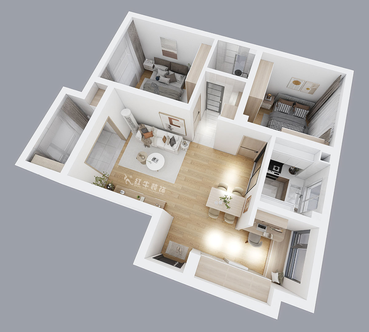 陸利民｜文墨花苑10-909-87㎡-現代風格｜3室2廳1衛｜舊房裝修｜定制家｜全包12萬｜00_05鳥瞰圖
