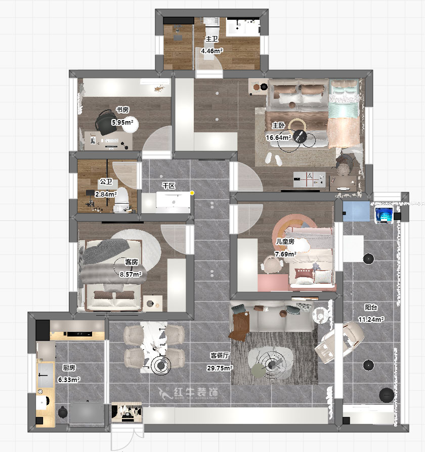 蔣琛｜香悅瀾山10-601-125㎡-現代簡約風格｜4室2廳2衛｜新房裝修｜定制家｜全包17萬｜00_03平面彩圖
