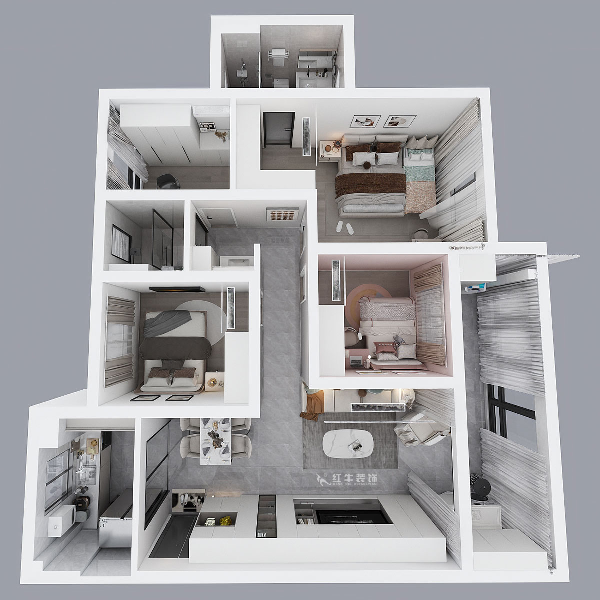 蔣琛｜香悅瀾山10-601-125㎡-現代簡約風格｜4室2廳2衛｜新房裝修｜定制家｜全包17萬｜00_04鳥瞰圖