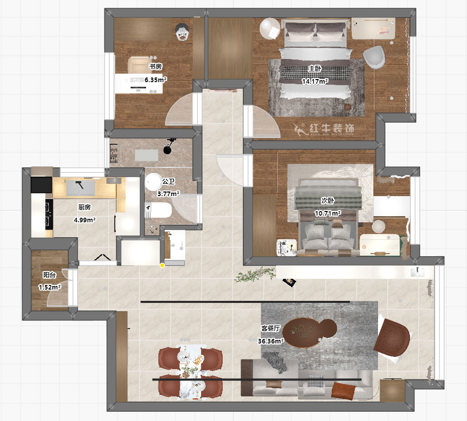 朱彥｜潤錦城11-1702-87㎡-現代簡約風格｜3室1廳1衛｜新房裝修｜定制家｜全包13萬｜00_03平面彩圖