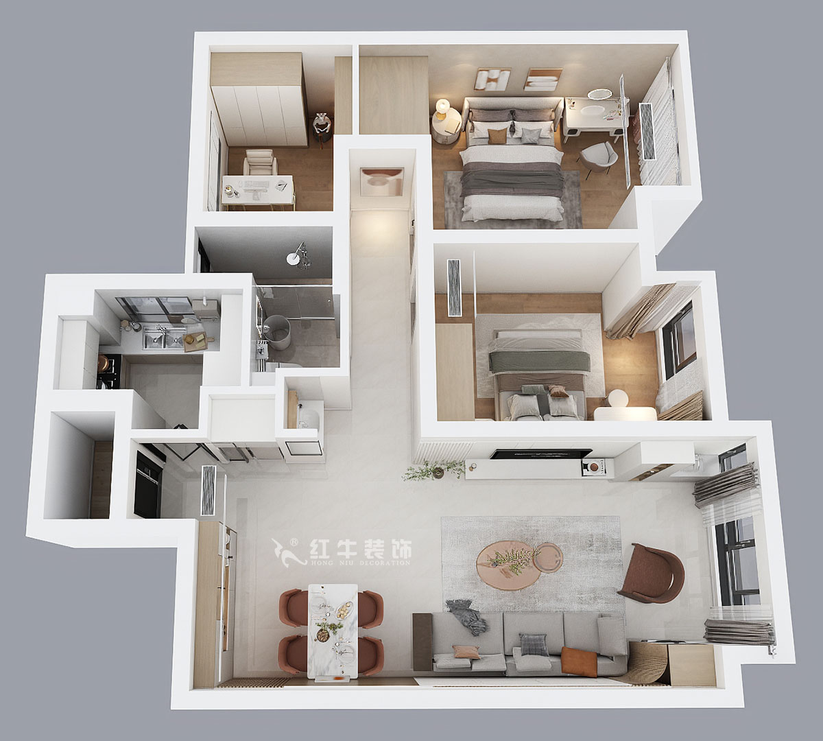 朱彥｜潤錦城11-1702-87㎡-現代簡約風格｜3室1廳1衛｜新房裝修｜定制家｜全包13萬｜00_04鳥瞰圖