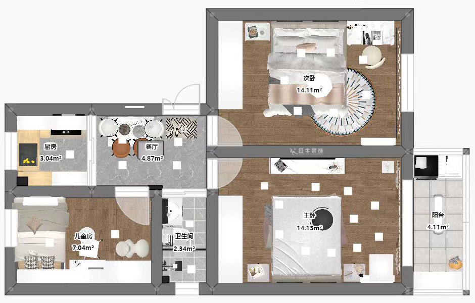 蔣琛｜鳳凰莊169-301-65㎡-現代簡約風格｜3室1廳1衛｜老房裝修｜定制家｜全包10萬｜00_03平面彩圖