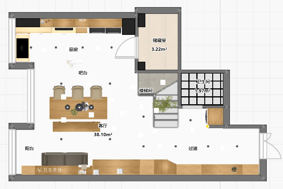 陸利民｜長發中心C棟302-100㎡-現代風格｜2室1廳2衛｜舊房裝修｜定制家｜全包12萬｜00_04平面彩圖
