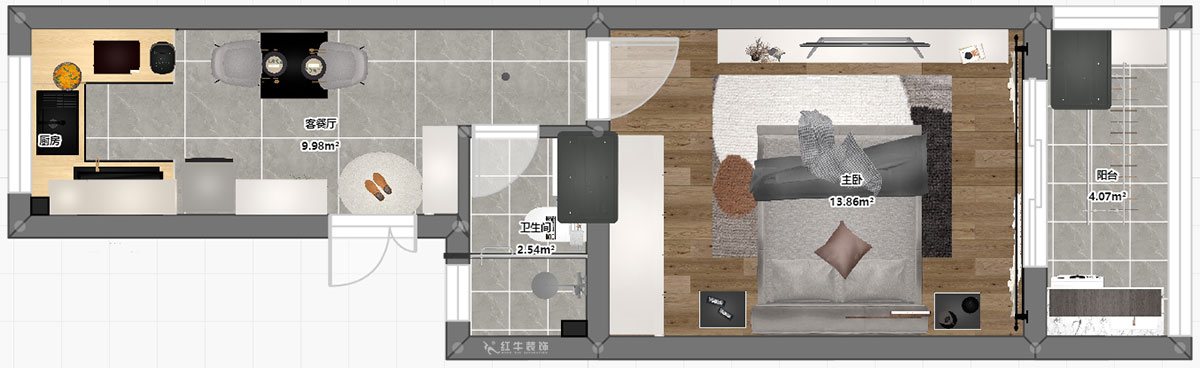 孟憲濤｜殷高巷55-301-50㎡-現代簡約風格｜1室1廳1衛｜老房裝修｜定制家｜全包8萬｜00_03平面彩圖