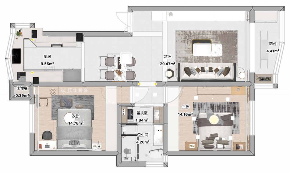 張智猿｜彩虹苑10-31-202-90㎡-現代風格｜2室2廳1衛｜老房裝修｜定制家｜全包14萬｜00_04平面彩圖